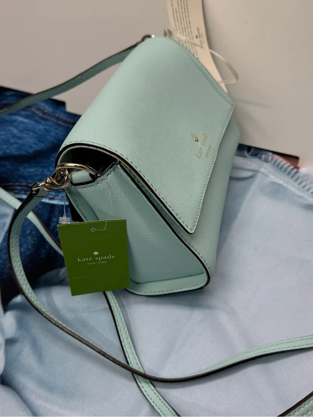 (new+tag) Kate Spade mint green saffiano leather crossbody bag grace blue